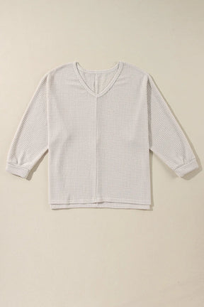 Waffle-Knit Slit V-Neck Long Sleeve Blouse